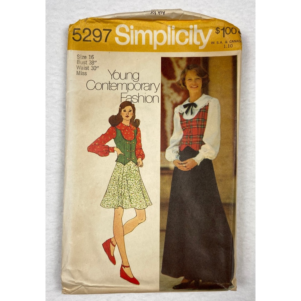 Vintage 1972 Simplicity 5297 Sewing Pattern Blouse Vest Skirt Size 16 Bust 38